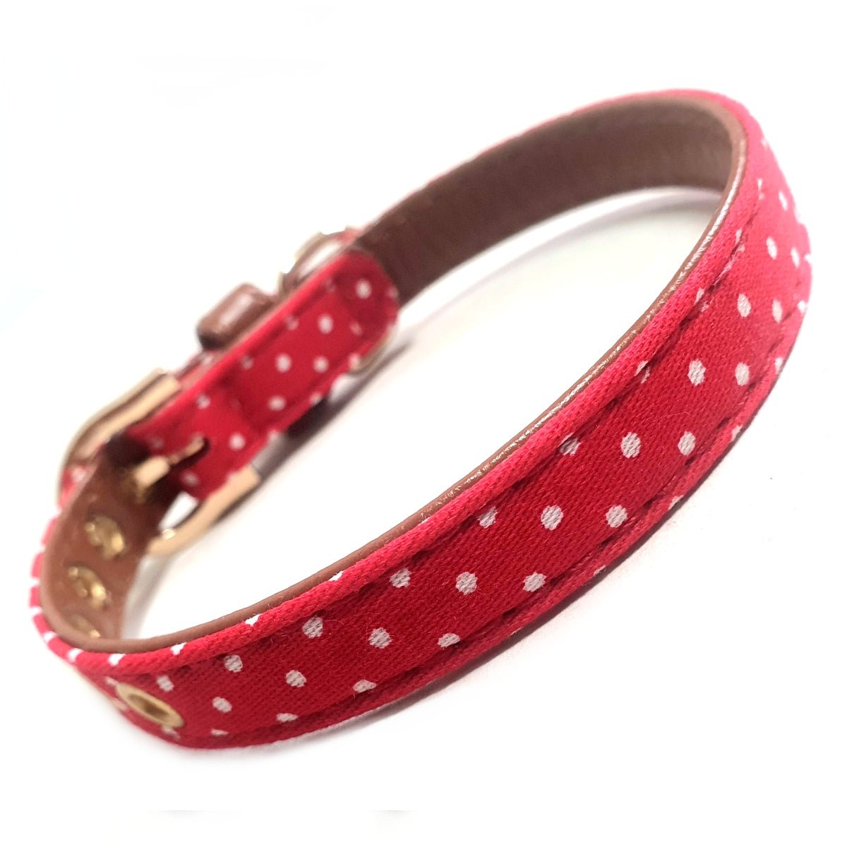 PolkaDotFabricFauxLeatherCollarRED.jpg Polka Dot Fabric Dog Collar - Red - Image 1
